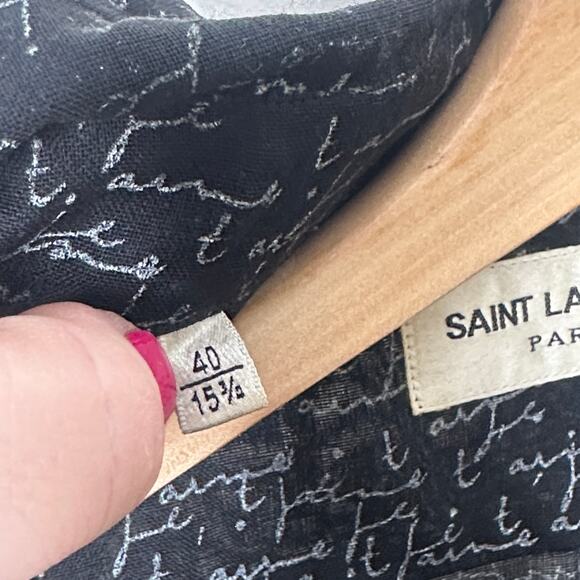 SAINT LAURENT Wool Je T'aime Cursive Script Print Shirt Black Sz 40-15 3/4 {P54} - Picture 6 of 6